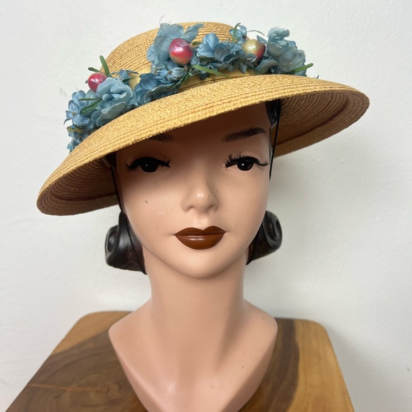 BLUE FLORAL 50’s 50s Cherries Berries & Pearls Vintage Straw Brimmed Sunhat Hat - Picture 2 of 16